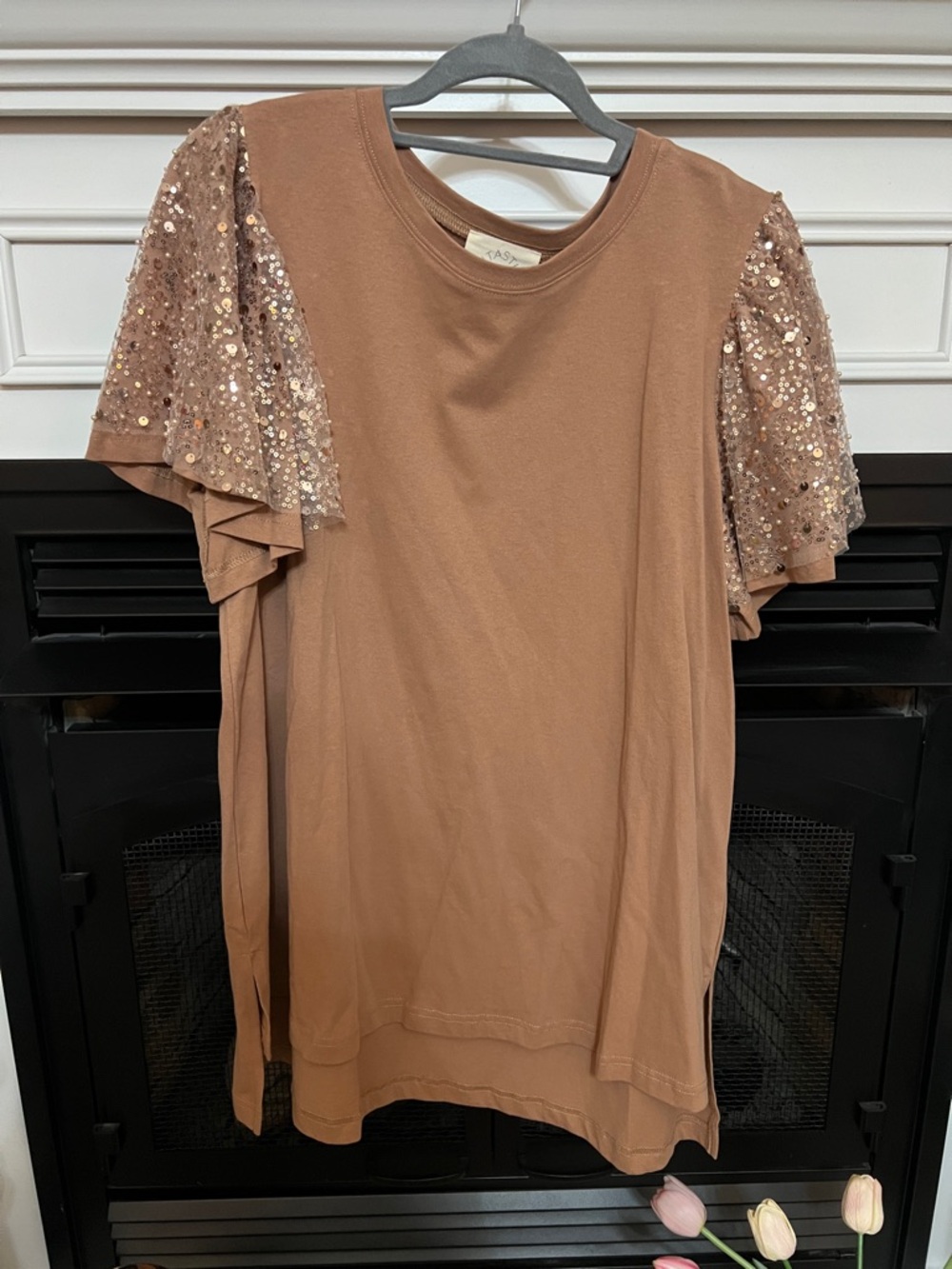 Fantastic Fawn Sequin Flutter Sleeve Tunic in a brownish color/tan color.